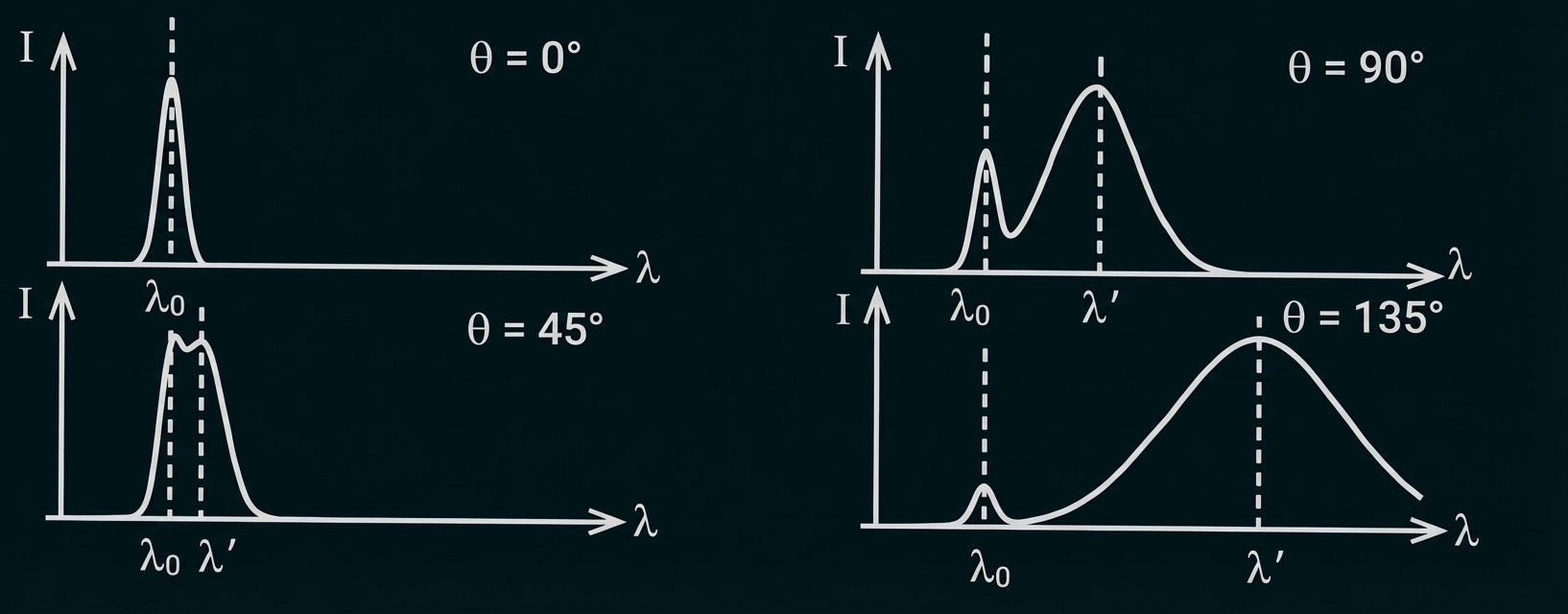 Vier Diagramme: Intensität I gegen Wellenlänge λ für θ = 0°, 45°, 90°, 135° mit Peaks bei λ0 und λ′.